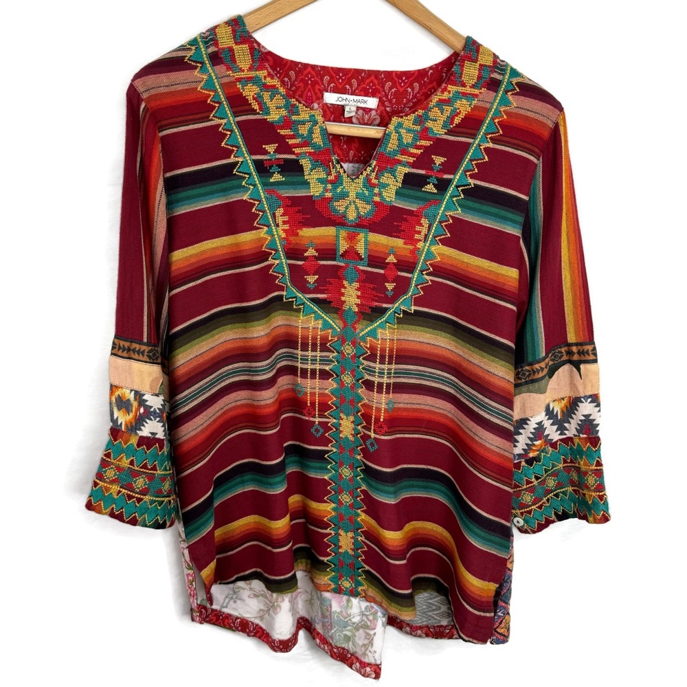 John Mark Southwest Embroidered Design Floral Stripes Tunic Top Like New Large